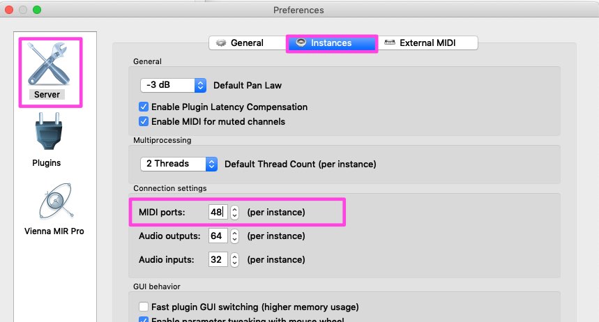 VEPro preferences window showing Server settings for MIDI ports, audio outputs, and audio inputs under the Instances tab, relevant for routing VEPro to Digital Audio Workstations like Cubase.