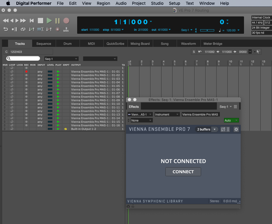 Digital Performer interface showing VE Pro 7 routing with a Vienna Ensemble Pro MAS-1 instance with Not Connected status.