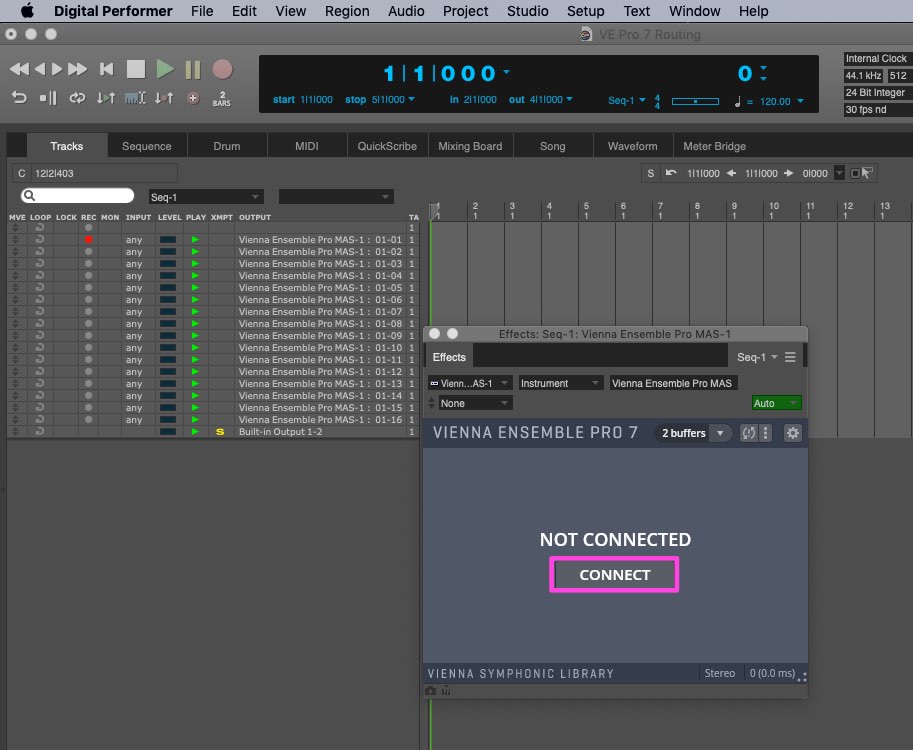 Digital Performer screen showing an instance of Vienna Ensemble Pro 7 displaying not connected with a connect button and track routing to Vienna Ensemble Pro MAS-1.