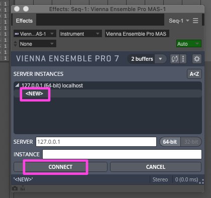Vienna Ensemble Pro 7 interface showing server instances, new instance creation, and the connect button for routing to a Digital Audio Workstation like Cubase.