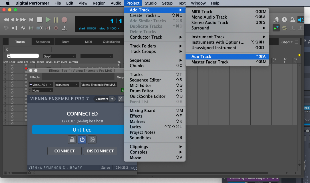 Digital Performer software interface showing the Project menu, with Add Track selected, and the Aux Track creation option highlighted, ideal for routing VEPro to DAWs.