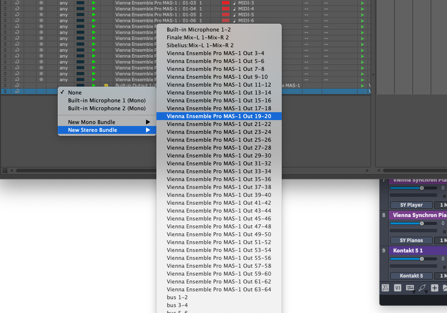 Screenshot showing Vienna Ensemble Pro MAS-1 output routing options, with Vienna Ensemble Pro MAS-1 Out 19-20 highlighted, demonstrating VEPro to DAW audio routing configuration.