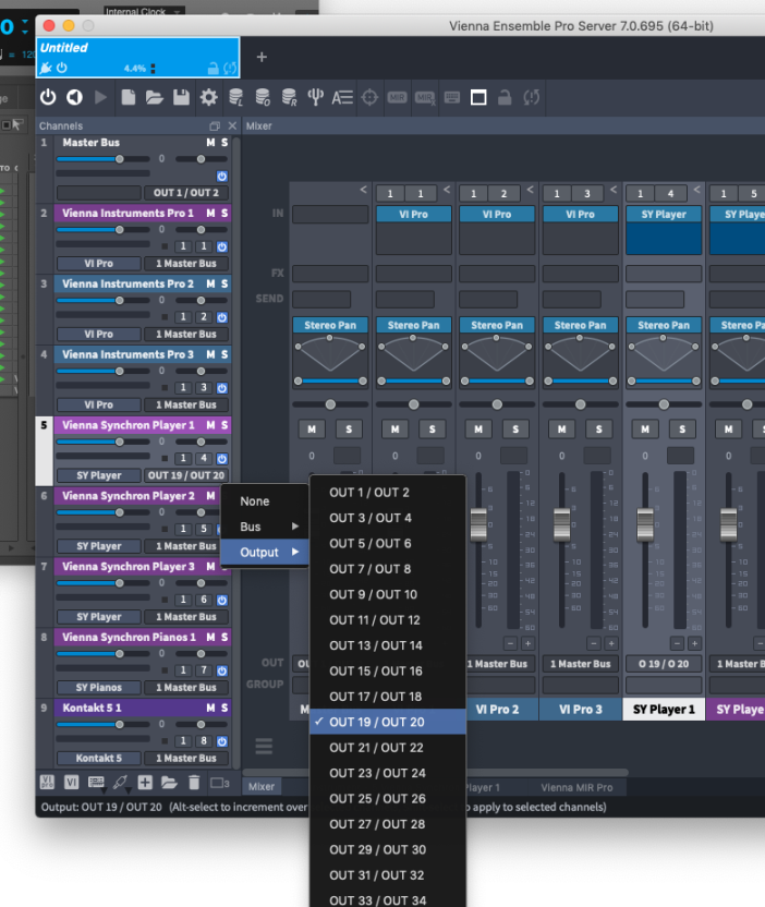 Digital Audio Workstation (DAW) software interface, showing Vienna Ensemble Pro Server integrated with Cubase, displaying mixer channels for instruments like Vienna Synchron Player and Kontakt 5. A dropdown menu is open, highlighting the Output 19/20 selection for audio routing, indicating advanced signal flow management within a music production setup.