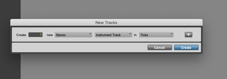 New Tracks dialog box in a Digital Audio Workstation (DAW) for creating a stereo instrument track in Cubase or VEPro.