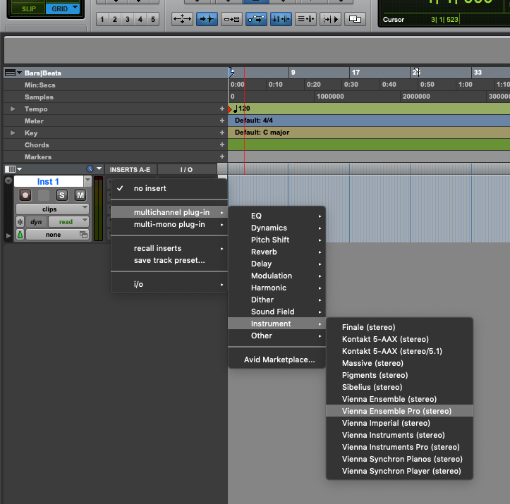 Screenshot of a Digital Audio Workstation (DAW) interface, likely Pro Tools, showing the process of inserting a virtual instrument. A dropdown menu is open, highlighting Instrument and Vienna Ensemble Pro (stereo) as an option for routing VEPro to DAWs.