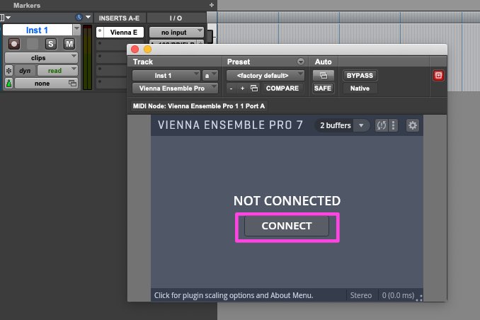 Vienna Ensemble Pro 7 VST plugin interface in a DAW, displaying NOT CONNECTED and a CONNECT button, illustrating the routing process for digital audio workstations like Cubase.