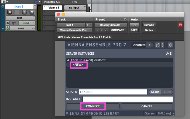 Screenshot of Vienna Ensemble Pro 7 interface for routing VEPro to DAWs like Cubase, showing server instances, localhost connection, and the Connect button.