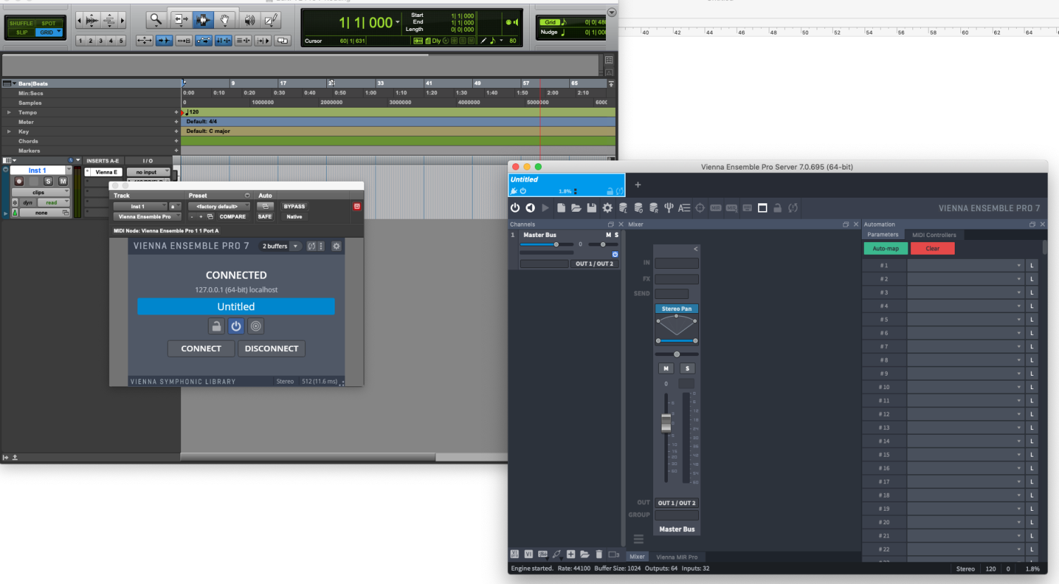Software interfaces showing complex digital audio workstation (DAW) routing setup including Pro Tools, Vienna Ensemble Pro 7 connected window, and Vienna Ensemble Pro mixer with master bus and automation parameters.