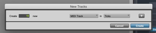 Screenshot of the Steinberg Cubase New Tracks dialog showing Create 16 new MIDI Track in Ticks and Create and Cancel buttons for routing VEPro to DAWs.