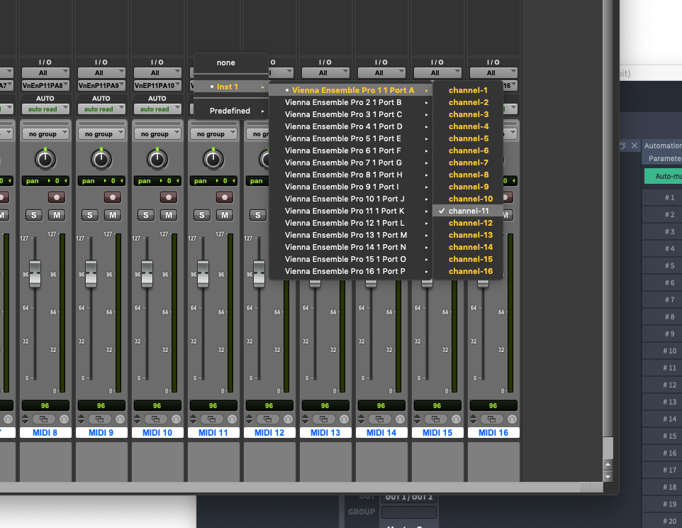 Screenshot of a Digital Audio Workstation (DAW) interface, likely Cubase, showing Vienna Ensemble Pro routing to multiple MIDI channels. The image displays mixer faders, pan controls, and a dropdown menu highlighting inputs for Vienna Ensemble Pro (VEPro) instance 1, with channels 1 through 16 listed, and channel 11 selected.