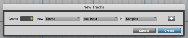 New Tracks dialog box for creating 16 new stereo Aux Input tracks in a Digital Audio Workstation.