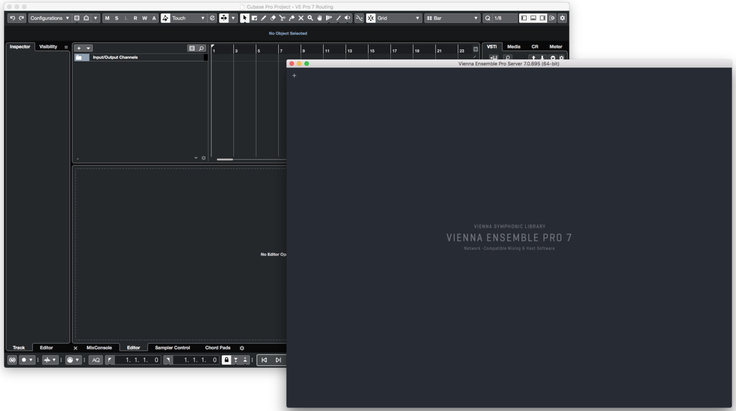 Screenshot showing a Cubase Pro project window and a Vienna Ensemble Pro 7 server window open on a computer screen, illustrating software routing for audio production.