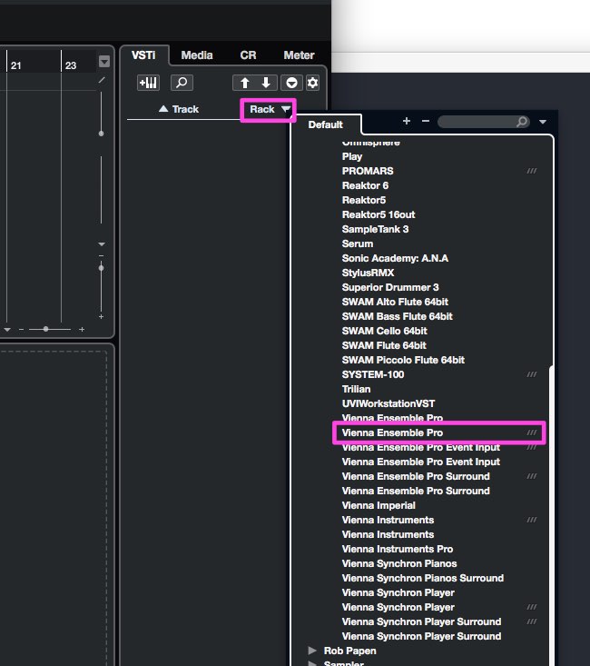 Screenshot of a digital audio workstation (DAW) interface, likely Cubase, showing a dropdown menu under Rack with Vienna Ensemble Pro highlighted, illustrating the process of routing VEPro to DAWs.