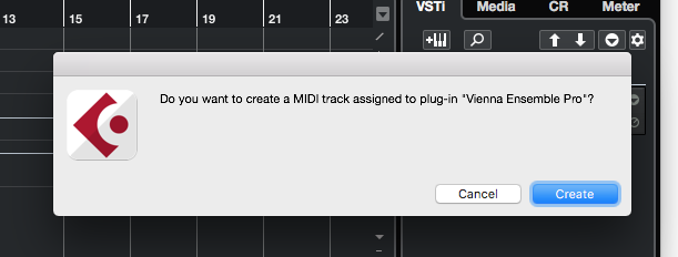 Cubase pop-up window asking to create MIDI track for Vienna Ensemble Pro plugin, showing Cancel and Create buttons