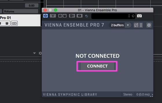 Vienna Ensemble Pro 7 interface displaying a Not Connected message with a highlighted Connect button, illustrating VEPro routing to a Digital Audio Workstation like Cubase.