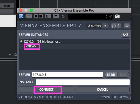 Vienna Ensemble Pro 7 interface showing server instances, 127.0.0.1 localhost, and highlighted NEW and CONNECT buttons for routing VEPro to DAWs like Cubase.