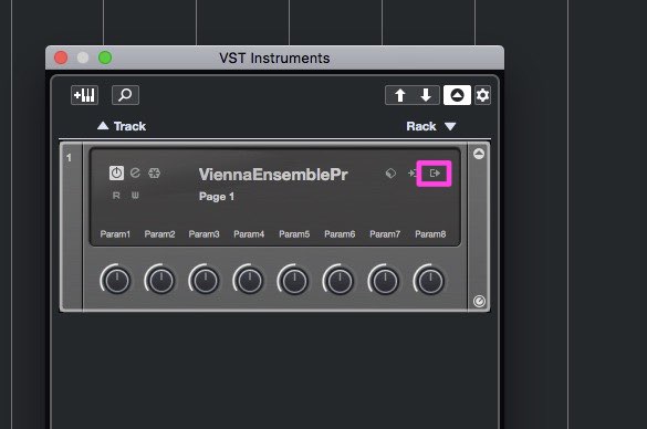 Vienna Ensemble Pro VST Instruments plugin interface in Cubase, showing the routing icon highlighted.