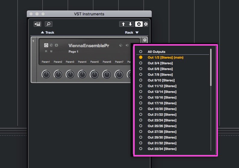 Screenshot of Vienna Ensemble Pro software routing stereo audio outputs 1/2 to main within a Cubase VST instrument rack.