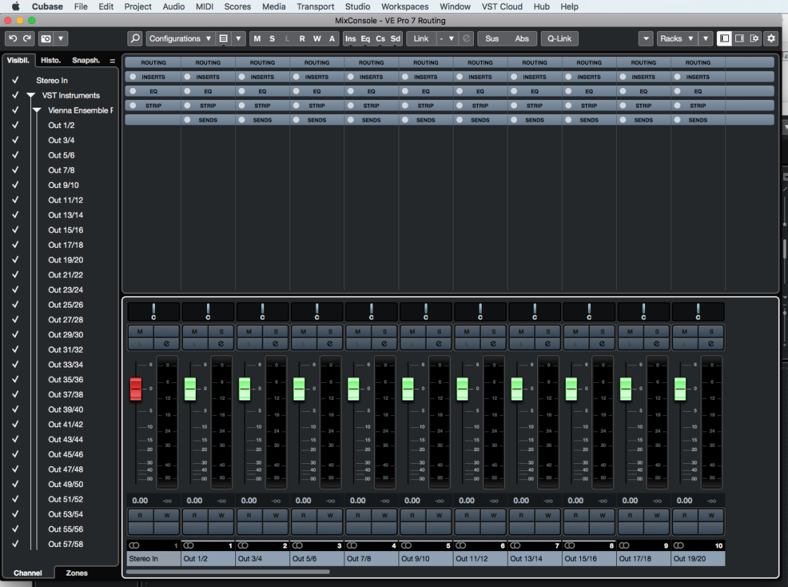 Cubase MixConsole displaying VEPro 7 routing with VST instruments, channel faders, and routing options for digital audio workstation integration.