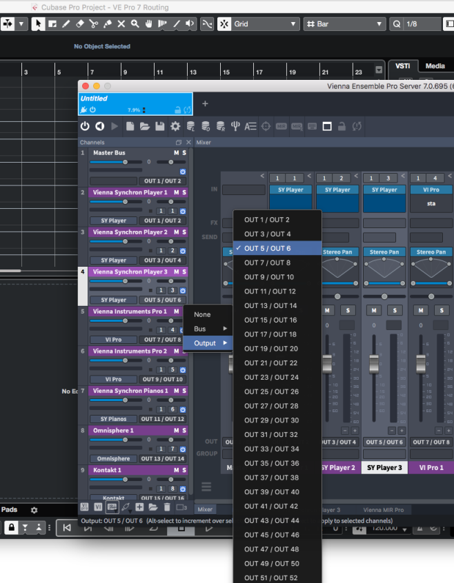 Cubase VEPro 7 routing menu showing output options for virtual instruments, selecting OUT 5/OUT 6 for audio channels.