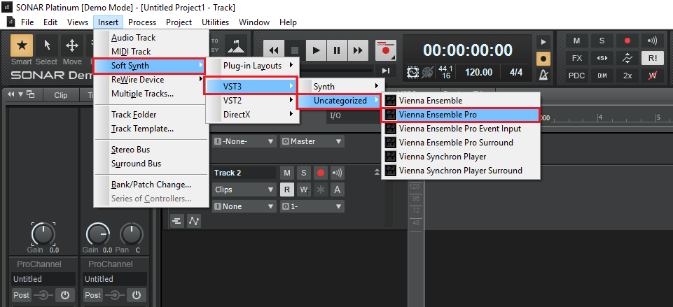 Screenshot showing a Digital Audio Workstation (DAW) menu in SONAR Platinum, with the Insert -> Soft Synth -> VST3 -> Uncategorized -> Vienna Ensemble Pro option highlighted, demonstrating the steps to route VEPro in a DAW.