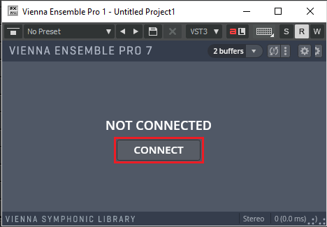 Vienna Ensemble Pro 7 interface showing a disabled Connect button with NOT CONNECTED status, relevant for routing VEPro to DAWs like Cubase.
