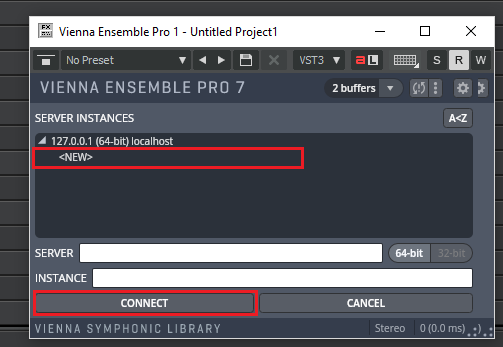 Vienna Ensemble Pro 7 interface for routing VEPro to DAWs, showing server instances, localhost IP, and the connect button.