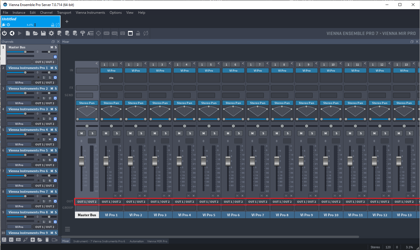Vienna Ensemble Pro 7 digital audio workstation (DAW) interface, showing channel routing and mixer settings for multiple Vienna Instruments Pro instances.