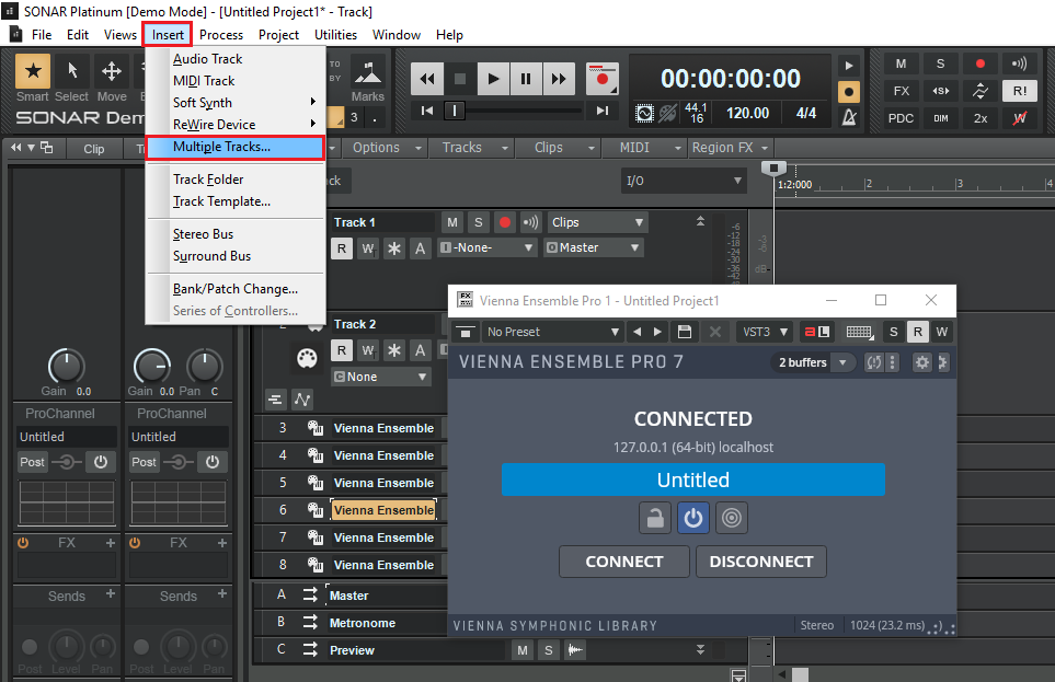 Screenshot of SONAR Platinum Digital Audio Workstation demonstrating how to insert multiple tracks for routing with Vienna Ensemble Pro 7, showcasing the Insert menu with Multiple Tracks... highlighted.