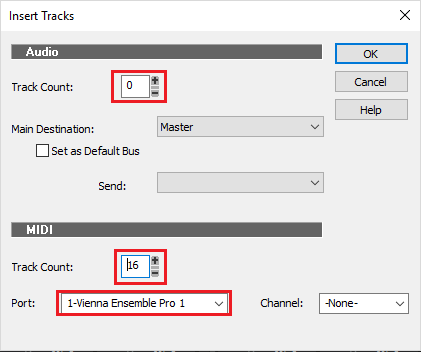 Cubase Insert Tracks dialog showing MIDI track count set to 16 and Port set to 1-Vienna Ensemble Pro 1 for VEPro routing.