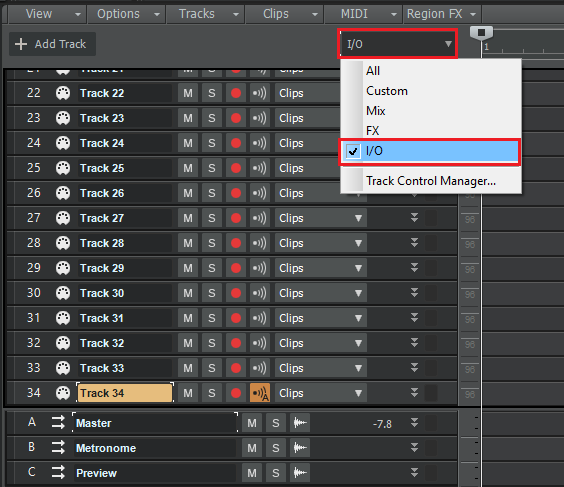 Cubase DAW interface showing I/O selected in dropdown menu for routing VEPro audio tracks