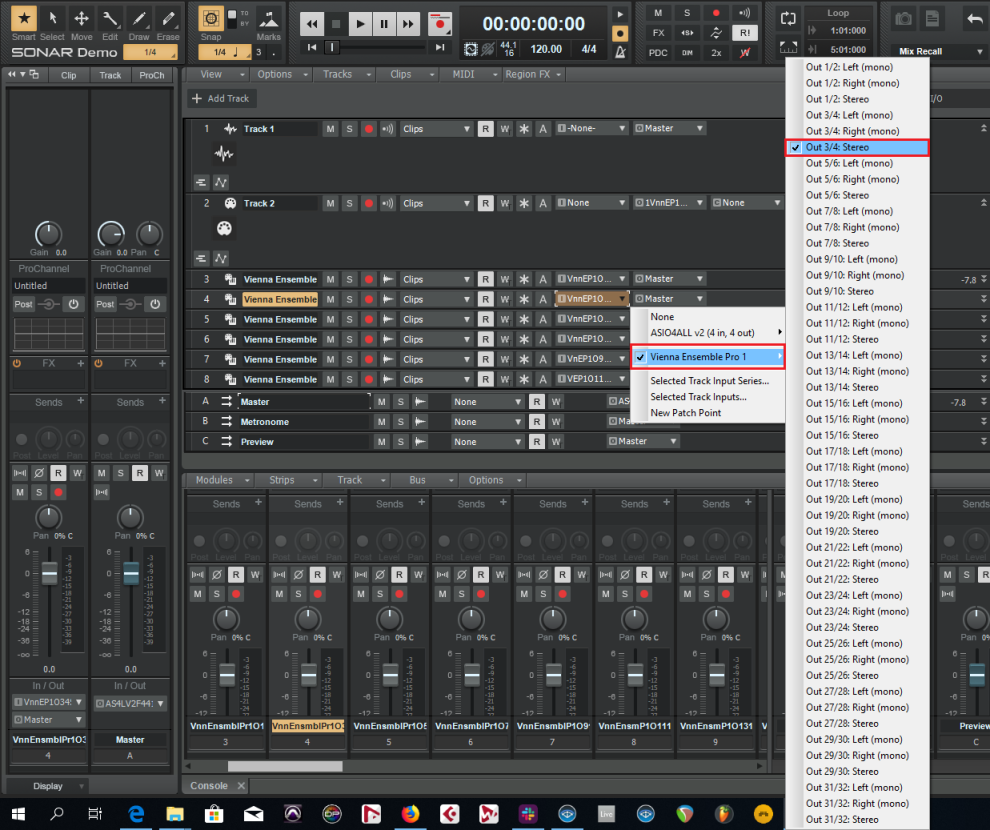 Digital Audio Workstation (DAW) software interface for Cubase or VEPro showing track routing and output selection, with Vienna Ensemble Pro 1 and Out 3/4: Stereo highlighted, demonstrating audio signal flow within the music production environment.
