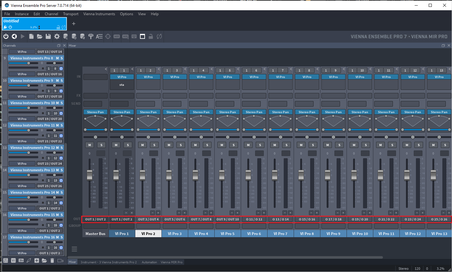 Vienna Ensemble Pro 7 digital audio workstation interface with multiple instrument channels, mixer faders, and signal routing for audio production