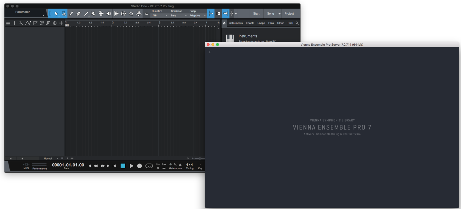 Screenshot showing Studio One digital audio workstation (DAW) alongside the Vienna Ensemble Pro 7 Server for routing virtual instruments and audio.