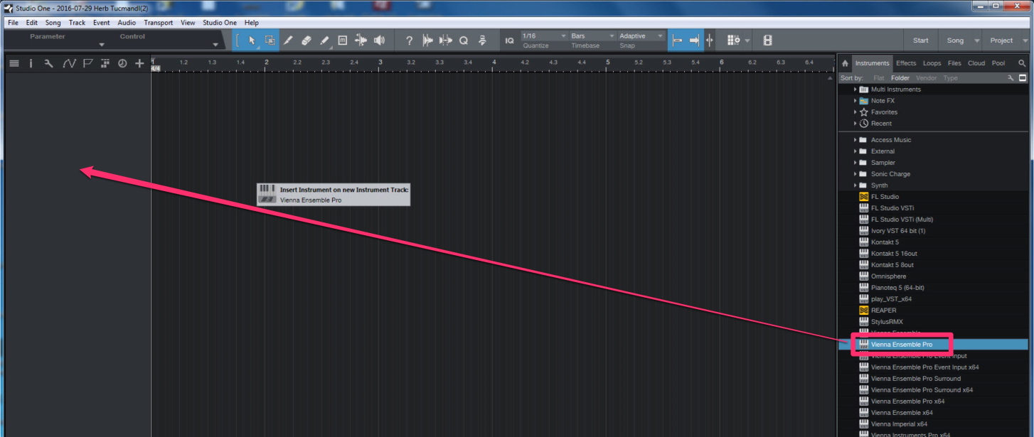 Screenshot demonstrating how to route Vienna Ensemble Pro to a Digital Audio Workstation (DAW), specifically highlighting the selection of Vienna Ensemble Pro from a list of virtual instruments within a music production software like Cubase or Studio One.