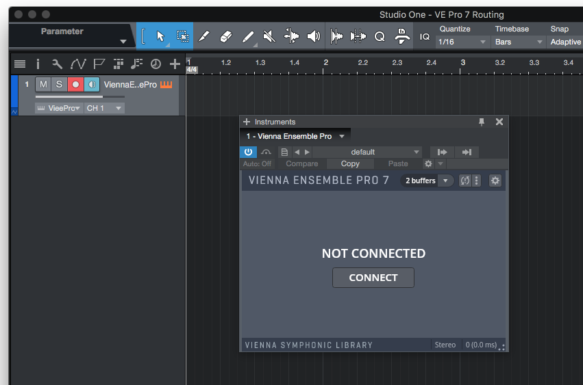 Studio One digital audio workstation interface showing Vienna Ensemble Pro 7 routing setup, with a Not Connected status and Connect button visible.
