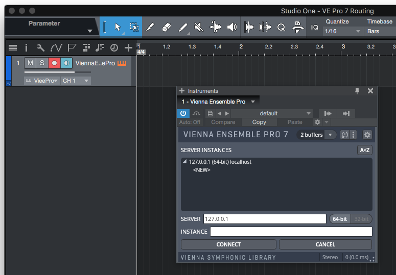 Studio One DAW interface showing Vienna Ensemble Pro 7 routing setup, with localhost server instance 127.0.0.1 selected for VEPro to DAWs connection.
