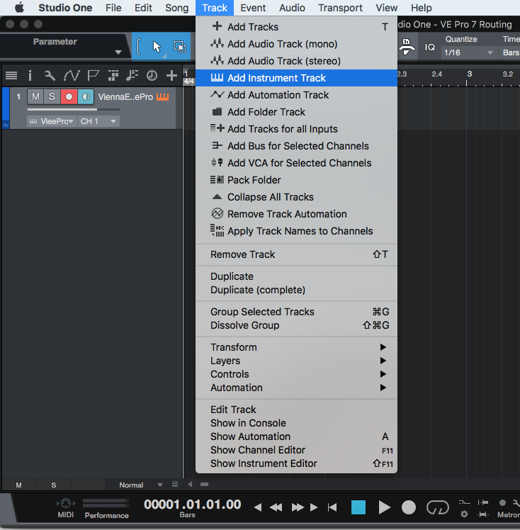 Studio One Digital Audio Workstation menu showing Add Instrument Track highlighted, for routing VEPro to DAWs.