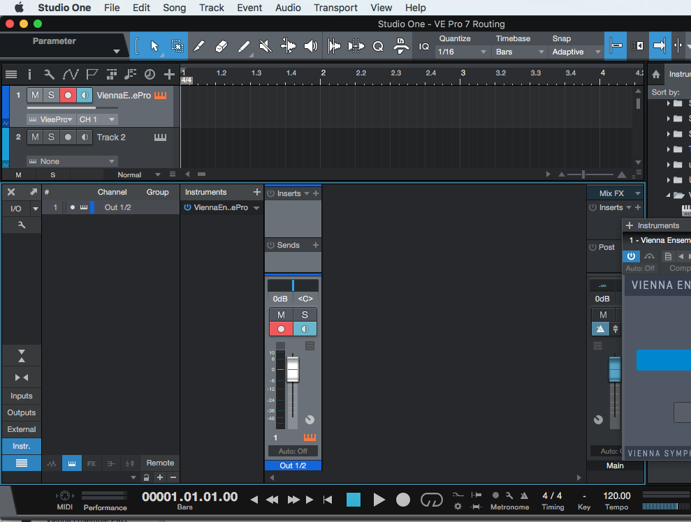 Studio One digital audio workstation interface showing VEPro 7 routing with Vienna Ensemble Pro plugin highlighted.
