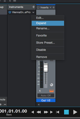 Screenshot showing the Expand option selected in a Vienna Ensemble Pro plugin context menu within a Digital Audio Workstation like Cubase, displaying controls for routing audio output.