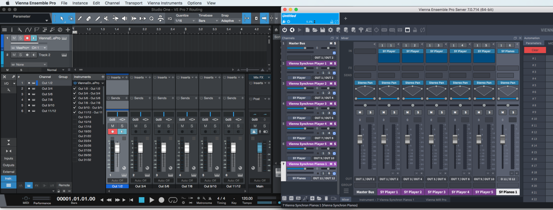 Digital audio workstation interface displaying Vienna Ensemble Pro 7.0 for routing VEPro instruments like Vienna Synchron Player and Pianos, connecting to a DAW mixer with track faders, pan controls, and input/output routing for music production.