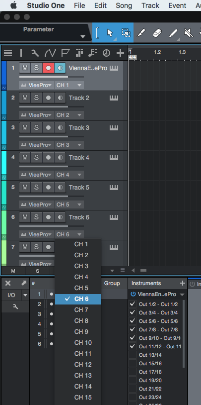 Digital Audio Workstation (DAW) routing channels for VEPro within Studio One, displaying Vienna Ensemble Pro track assignments CH1-CH15 and instrument output options.