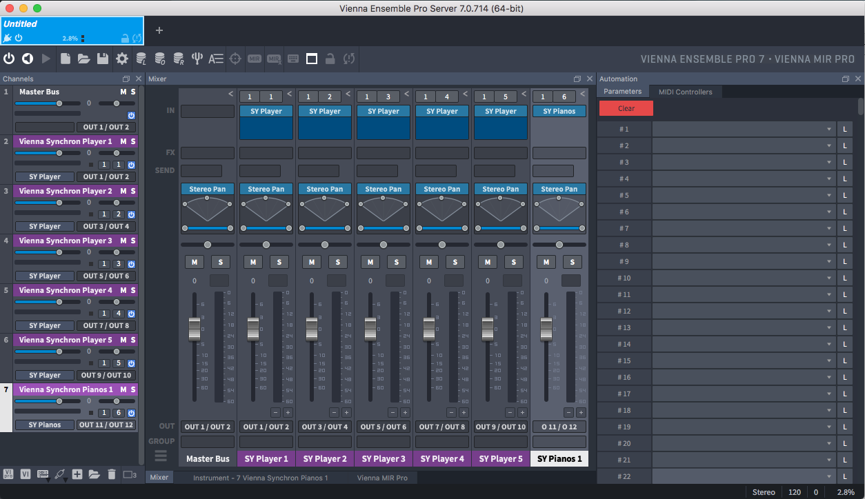 Vienna Ensemble Pro 7 interface for routing audio from Vienna Synchron Player instruments to a digital audio workstation (DAW) like Cubase, showing mixer channels with faders, pan controls, and output assignments.