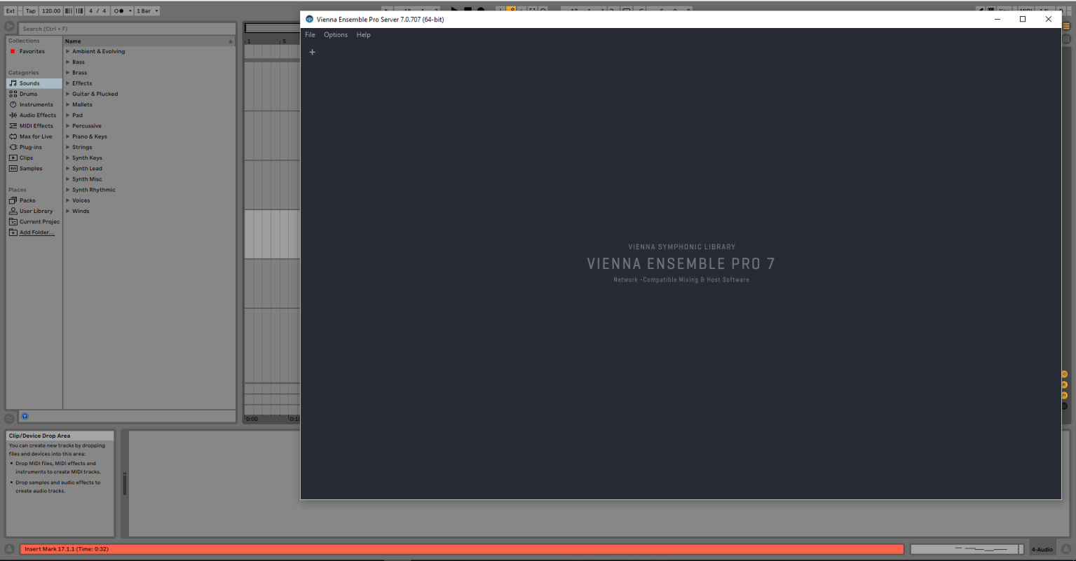 Screenshot showing the Vienna Ensemble Pro 7 Server window over a Digital Audio Workstation (DAW) interface, likely Cubase, demonstrating audio routing.