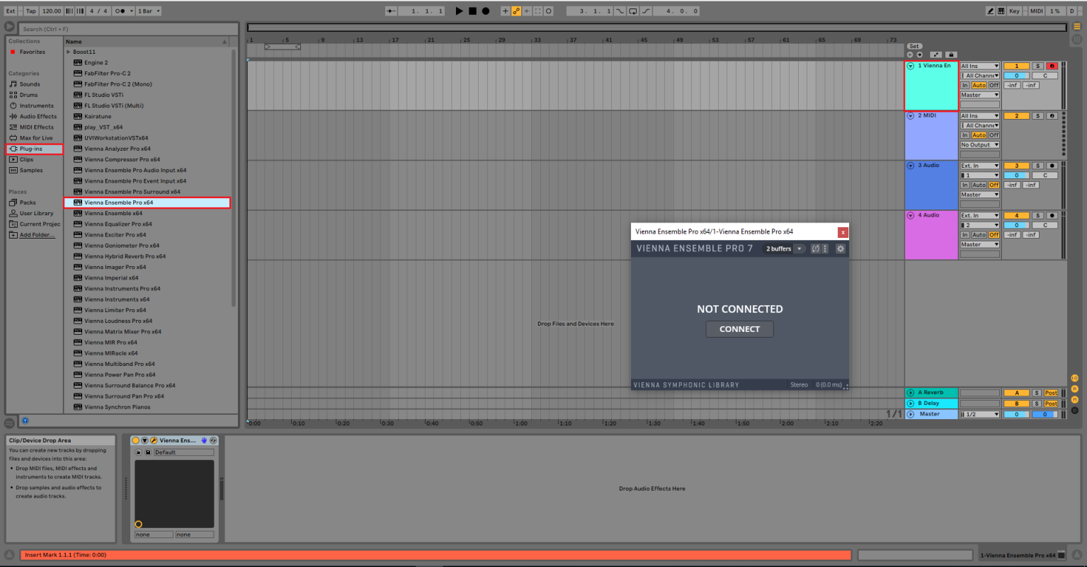 Screenshot of a Digital Audio Workstation DAW interface, likely Ableton Live, showing Vienna Ensemble Pro x64 plugin selected in the browser and its connection window with a Not Connected status. The context suggests routing VEPro to DAWs like Cubase.