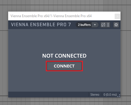 Vienna Ensemble Pro 7 interface displaying Not Connected status with a prominent Connect button, illustrating VEPro routing to DAWs like Cubase.