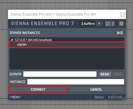 Vienna Ensemble Pro 7 interface showing server instances, 127.0.0.1 (64-bit) localhost, and a highlighted Connect button for routing to DAWs like Cubase.