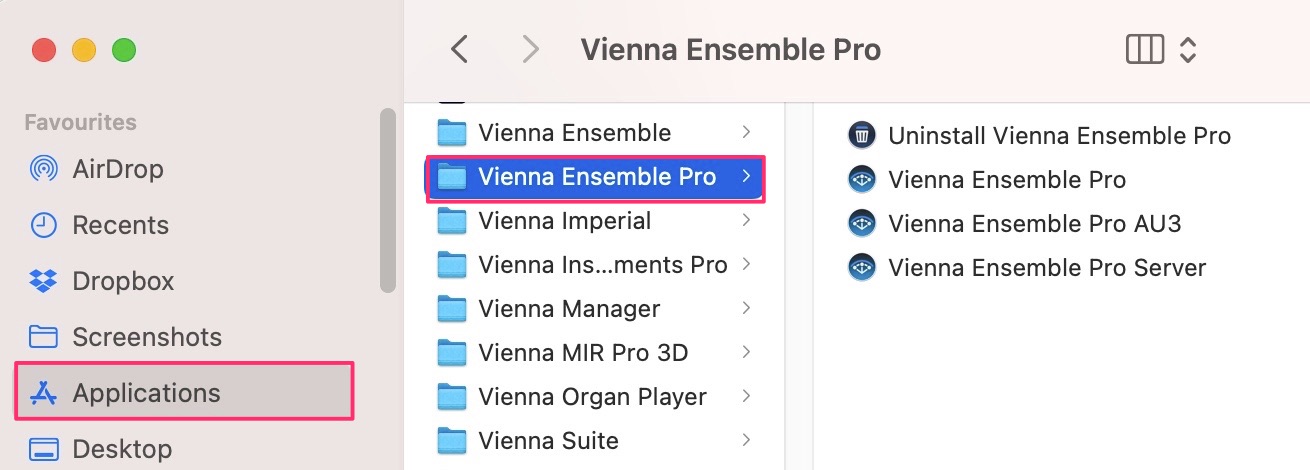 macOS Finder window showing Vienna Ensemble Pro folder selected in Applications for multi-computer setup.