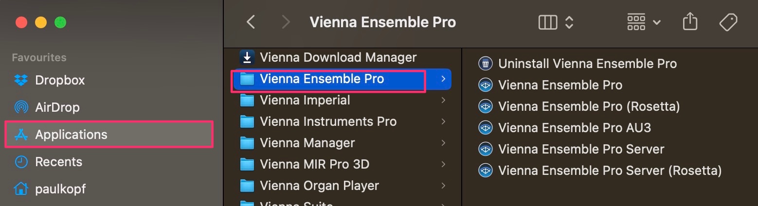 Screenshot of a computer screen showing the Applications folder open, with Vienna Ensemble Pro highlighted, illustrating the setup process for Vienna Ensemble Pro.