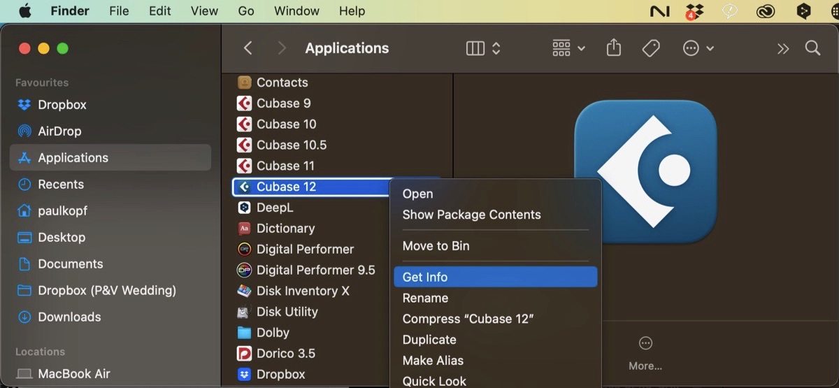 Mac Finder window showing Applications folder, Cubase 12 selected, and a right-click menu with Get Info highlighted.